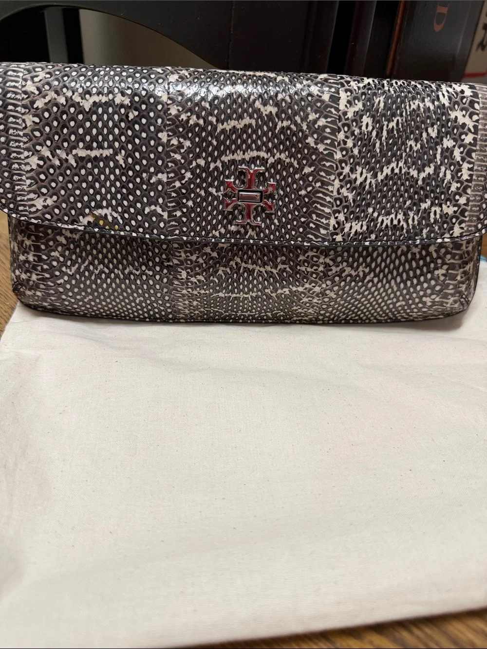 Tory Burch Black & White Snake skin Leather Clutch